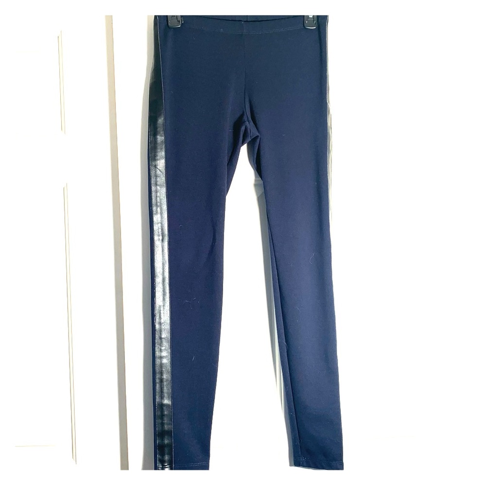 AQUA Navy Leggings with Faux Leather Side Stripe